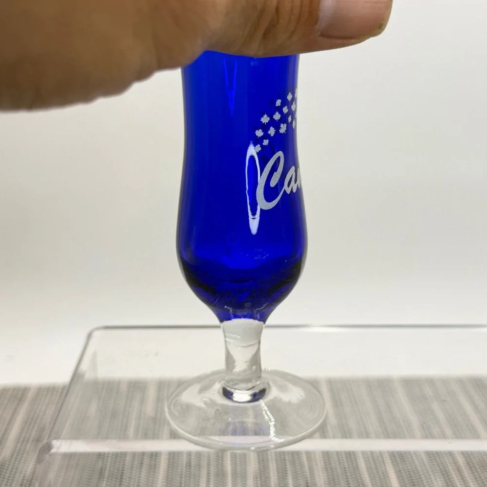 Cobalt Blue Canada Souvenir Shot Glass Etched Maple Leaf Footed Hurricane 4in